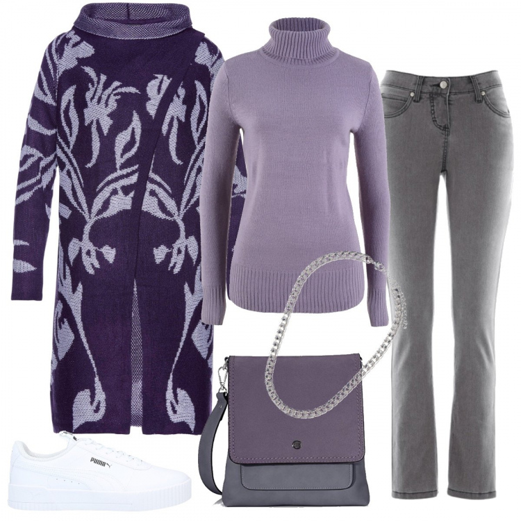 Outfit donna - Armonia viola e grigio. Stile Basic per Tutti i giorni. Abbinamento con jeans slim fit, cardigans, maglioni, sneakers, borse a tracolla, collane.
