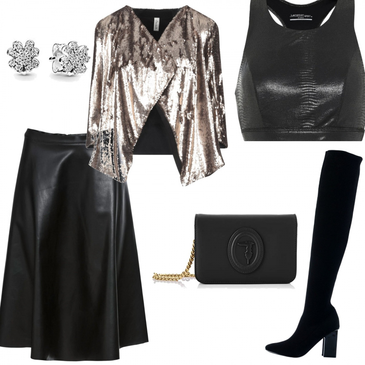 Outfit donna - Serata tra amiche. Stile Rock per Serata fuori. Abbinamento con gonne, blazer, stivali, orecchini, top, clutch.