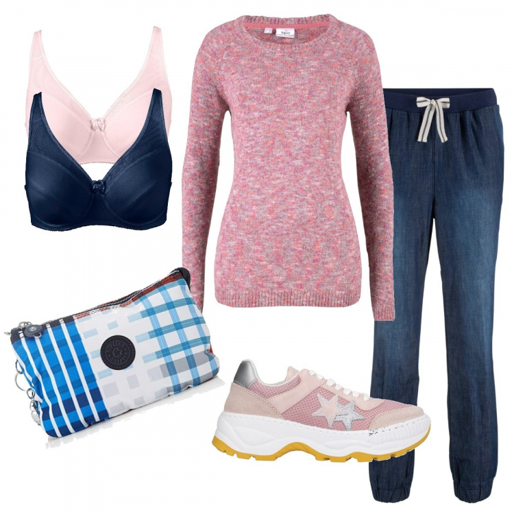 Outfit donna - #Curvy In Smart working da lunedì. Stile Basic per Tutti i giorni. Abbinamento con reggiseni, pantaloni, maglioni, sneakers, pochette.