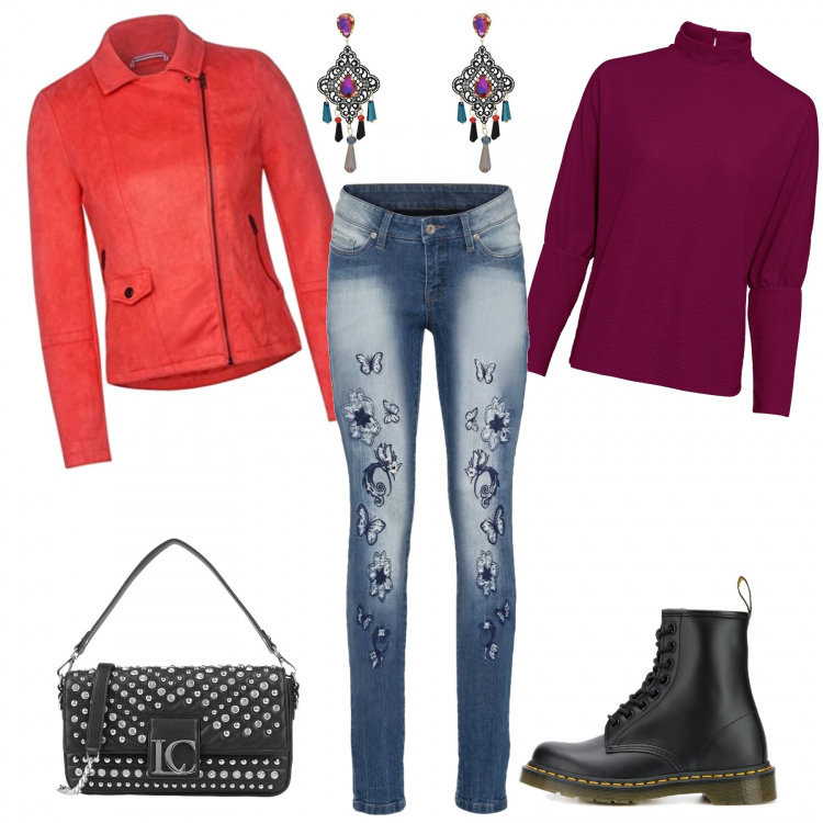 Outfit donna - Comoda e cool. Stile Basic per Tutti i giorni. Abbinamento con orecchini, borse a mano, shorts, jeans skinny, stivali, blazer.