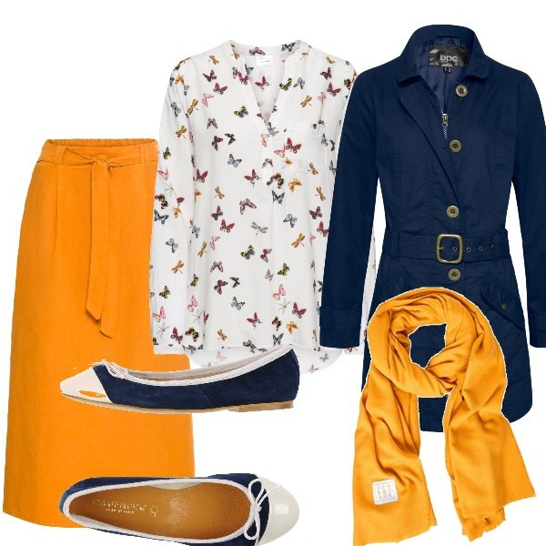 Outfit donna - Trench lungo e ballerine. Stile Bon Ton per Tutti i giorni. Abbinamento con bluse, trench, pantaloni, ballerine, sciarpe.