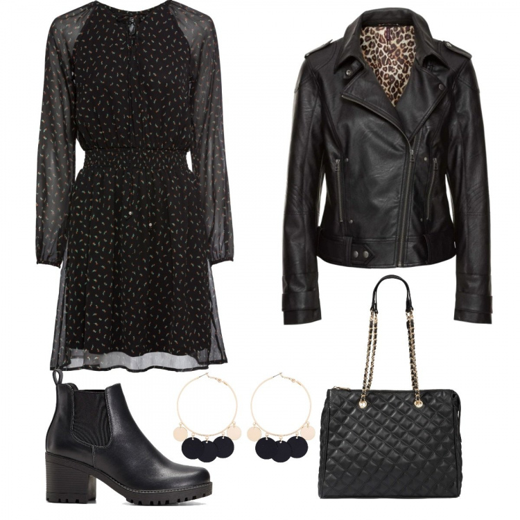 Outfit donna - Abito con giacca di pelle. Stile Rock per Tutti i giorni. Abbinamento con stivaletti chelsea, shopping bag, vestiti corti, cappotti, orecchini.