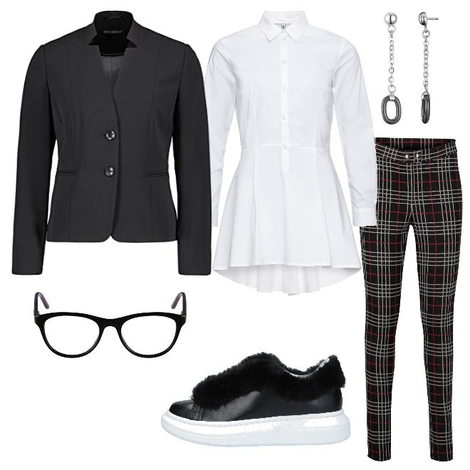 Outfit donna - Call. Stile Basic per Ufficio. Abbinamento con camicie, leggings, sneakers, blazer, orecchini, occhiali.
