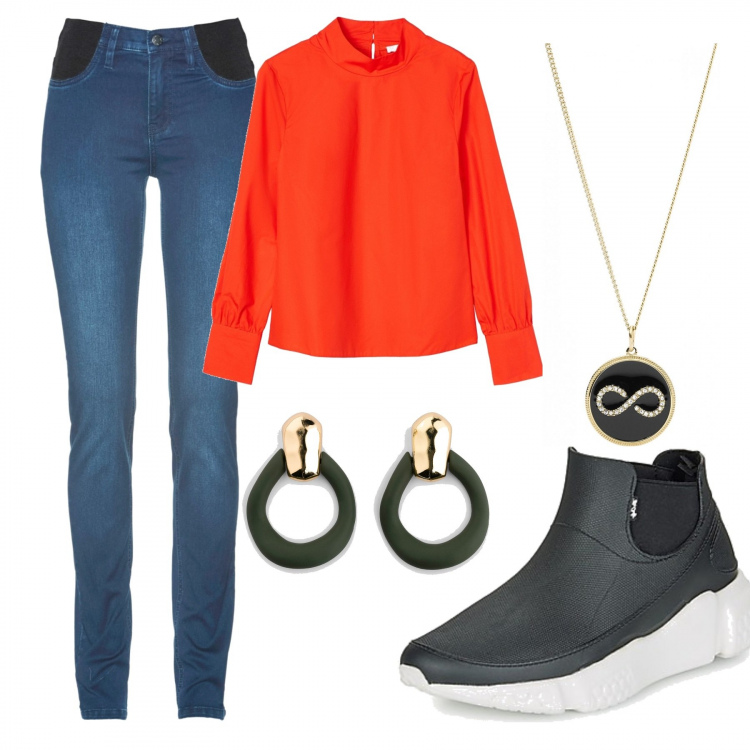 Outfit donna - Una call di lavoro. Stile Trendy per Ufficio. Abbinamento con jeans skinny, orecchini, ciondoli, stivali di gomma, bluse.