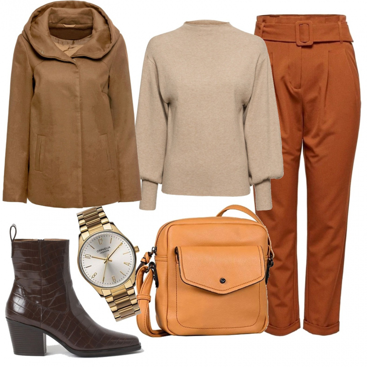 Outfit donna - Toni marrone. Stile Urban per Tutti i giorni. Abbinamento con maglieria, blazer, pantaloni, stivaletti, borse a spalla, orologi analogici.
