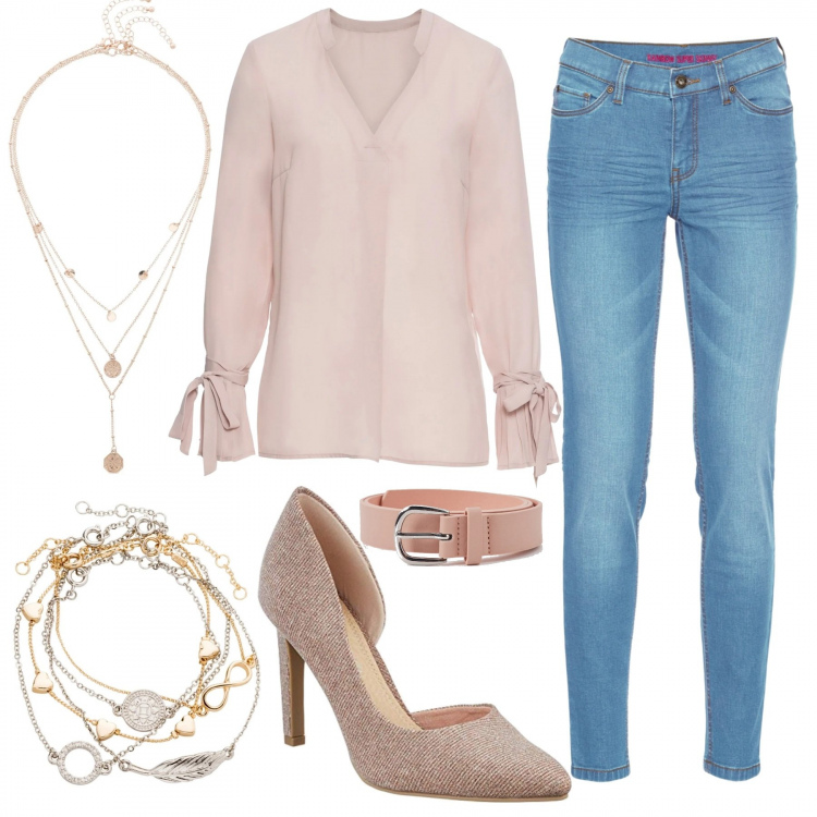 Outfit donna - Rosa economico. Stile Trendy per Tutti i giorni. Abbinamento con jeans skinny, braccialetti con ciondoli, bluse, ciondoli, cinture, scarpe col tacco.
