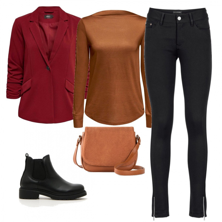 Outfit donna - Caldi colori autunnali. Stile Urban per Tutti i giorni. Abbinamento con pantaloni, borse a tracolla, cappotti, pullovers, stivaletti.