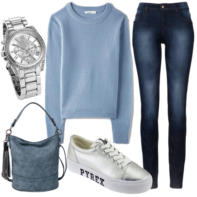 Outfit donna - Light blue. Stile Basic per Tutti i giorni. Abbinamento con jeans skinny, borse a tracolla, orologi, maglieria, sneakers.