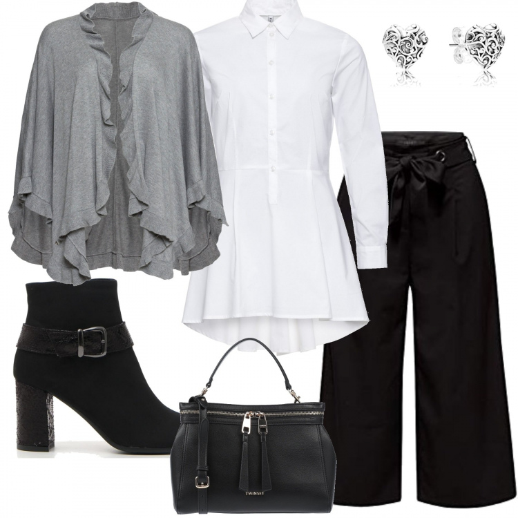 Outfit donna - Donne in affari. Stile Trendy per Ufficio. Abbinamento con camicie, cappotti, borse a tracolla, pantaloni capri, stivaletti, orecchini.