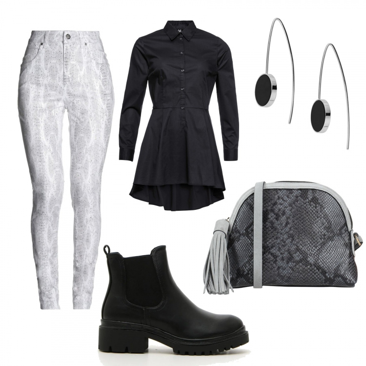 Outfit donna - Chic #43040. Stile Chic Abbinamento con camicie, pantaloni, orecchini, borse a tracolla, stivaletti.