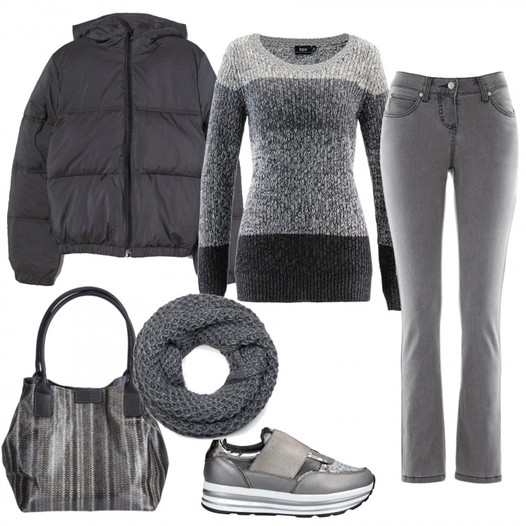 Outfit donna - Consigli di stile inverno low-cost. Stile Trendy per Tutti i giorni. Abbinamento con maglieria, jeans slim fit, sneakers, shopping bag, sciarpe, piumini.