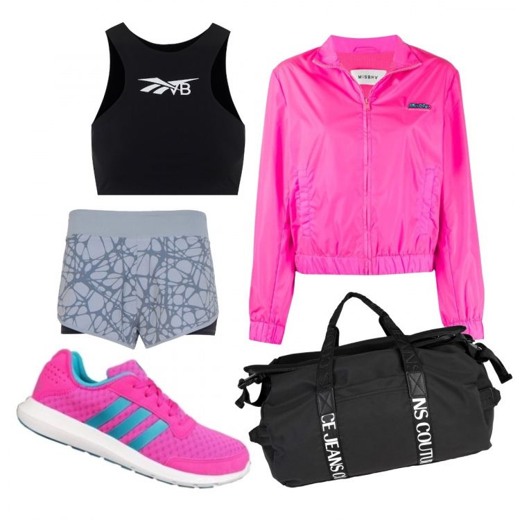 Outfit donna - Gym time. Stile Basic per Sport. Abbinamento con borse sportive, scarpe sportive, shorts, giacche sportive, top.