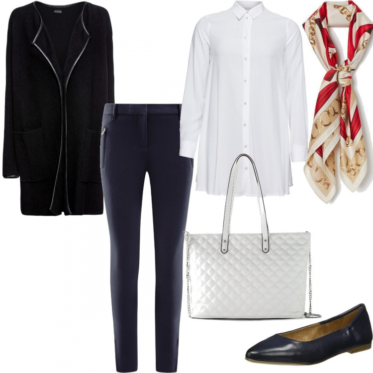 Outfit donna - #Mi vesto bene con poco. Stile Bon Ton per Ufficio. Abbinamento con camicie, cardigans, shopping bag, pantaloni, sciarpe, ballerine.