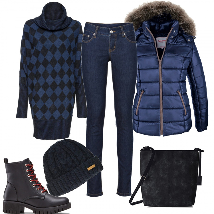 Outfit donna - Consigli di stile inverno low-cost. Stile Trendy per Tutti i giorni. Abbinamento con piumini, jeans skinny, pullovers, stivaletti, borse a spalla, berretti.