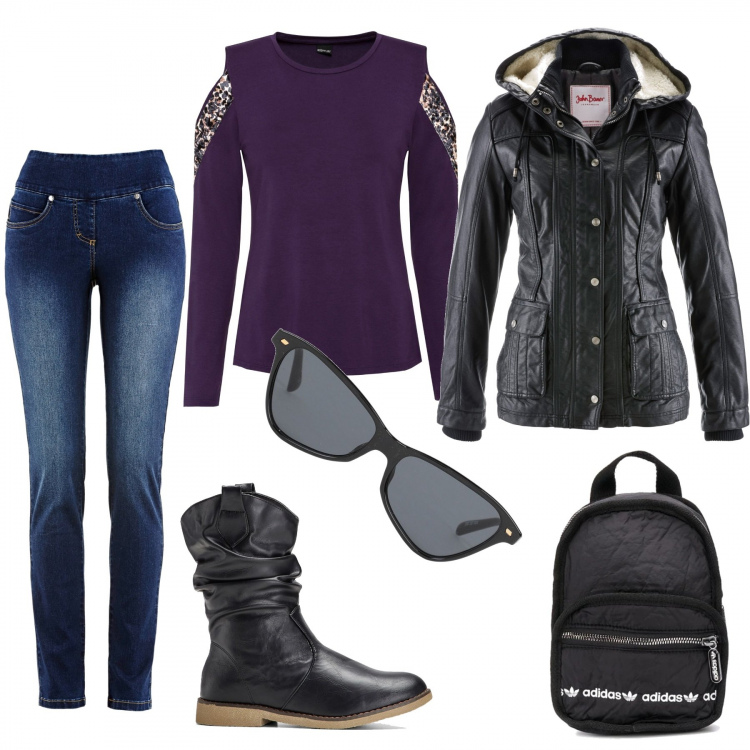 Outfit donna - Passeggiata nelle vie del centro. Stile Basic per Tutti i giorni. Abbinamento con blazer, jeans slim fit, pullovers, stivaletti, occhiali da sole, zaini.