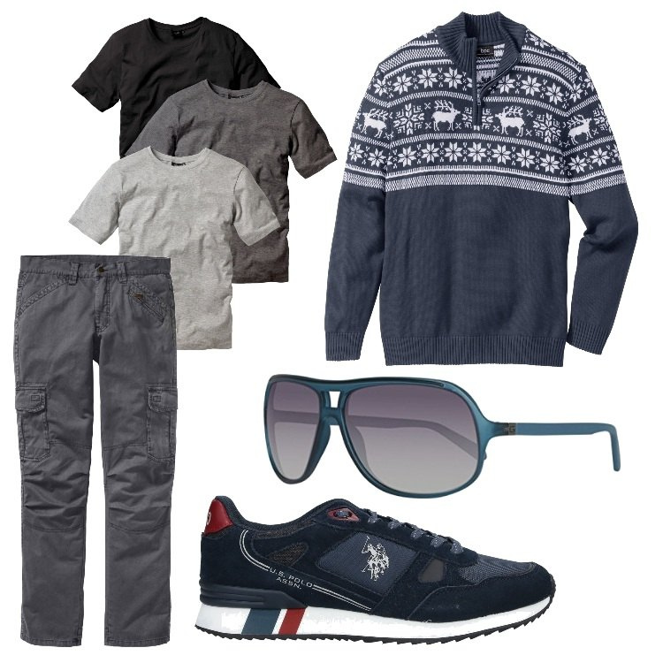 Outfit uomo - Verso il Natale. Stile Casual per Tutti i giorni. Abbinamento con pantaloni cargo, t-shirt, maglieria, sneakers, occhiali da sole.