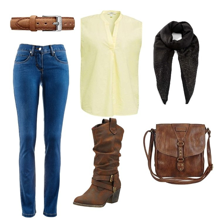 Outfit donna - Tex Willer. Stile Basic per Tutti i giorni. Abbinamento con jeans dritti, sciarpe, borse a tracolla, stivaletti texani, camicie, orologi.