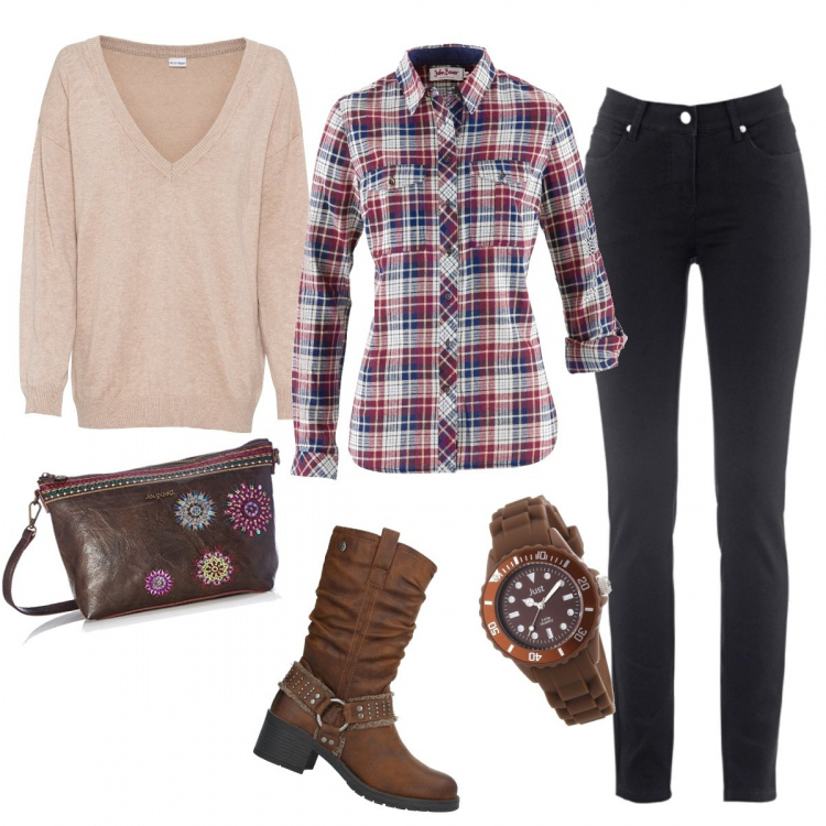 Outfit donna - Camicia a quadri. Stile Trendy per Tutti i giorni. Abbinamento con maglieria, jeans dritti, camicie, stivaletti, borse a tracolla, orologi.