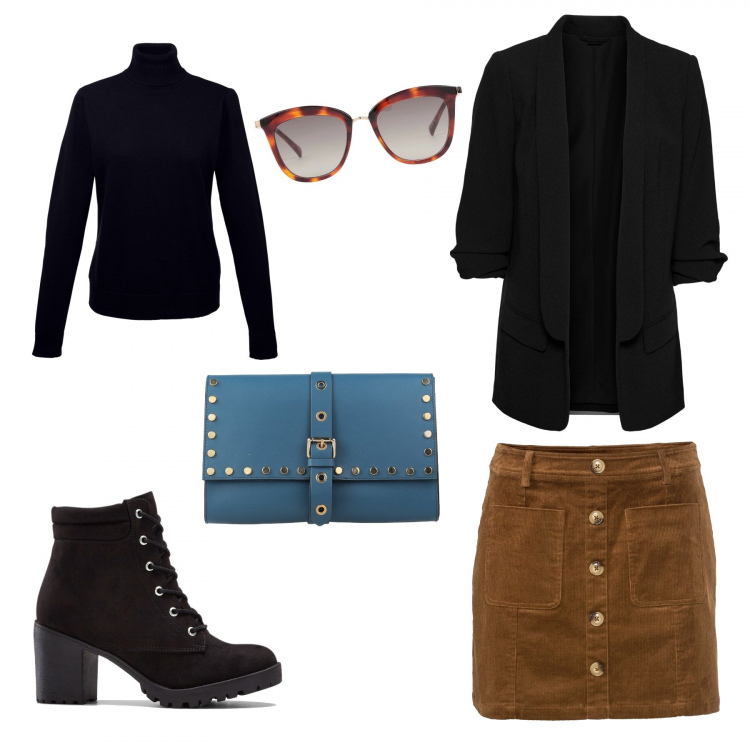 Outfit donna - Dreamy fall. Stile Basic per Tutti i giorni. Abbinamento con borse a mano, occhiali da sole, stivaletti, blazer, maglieria, gonne.