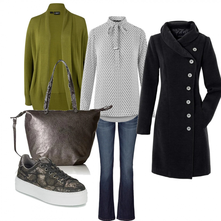 Outfit donna - Total look autunnale. Stile Urban Abbinamento con jeans bootcut, cardigans, cappotti, sneakers, camicie, borse tote.