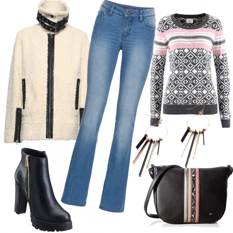 Outfit donna - Viaggio Con Te. Stile Urban per Tutti i giorni. Abbinamento con maglieria, stivaletti, jeans bootcut, orecchini, ecopellicce, borse a spalla.