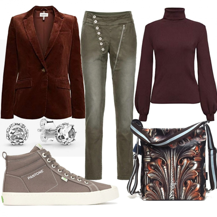 Outfit donna - Urban #29483. Stile Urban per Scuola/Università. Abbinamento con pantaloni, borse a spalla, sneakers alte, blazer, maglioni, orecchini.