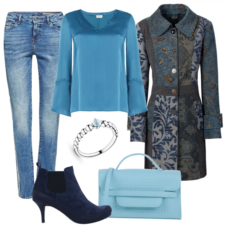Outfit donna - Urban #29485. Stile Urban per Tutti i giorni. Abbinamento con cappotti, bluse, stivaletti, borse a mano, jeans skinny, anelli.