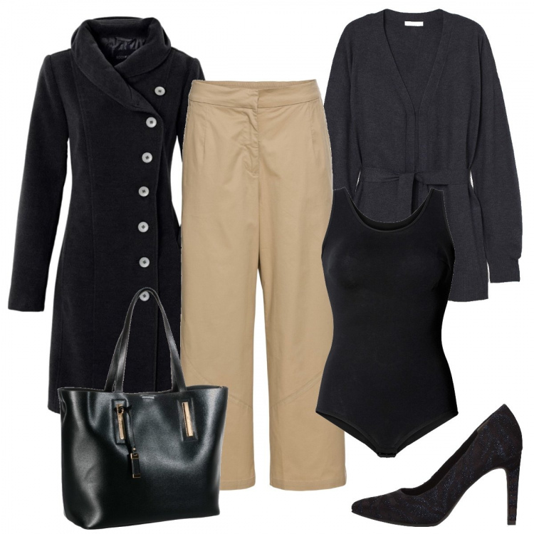 Outfit donna - Bon Ton #32305. Stile Bon Ton per Ufficio. Abbinamento con body, cappotti, pantaloni culotte, shopping bag, décolleté, cardigans.