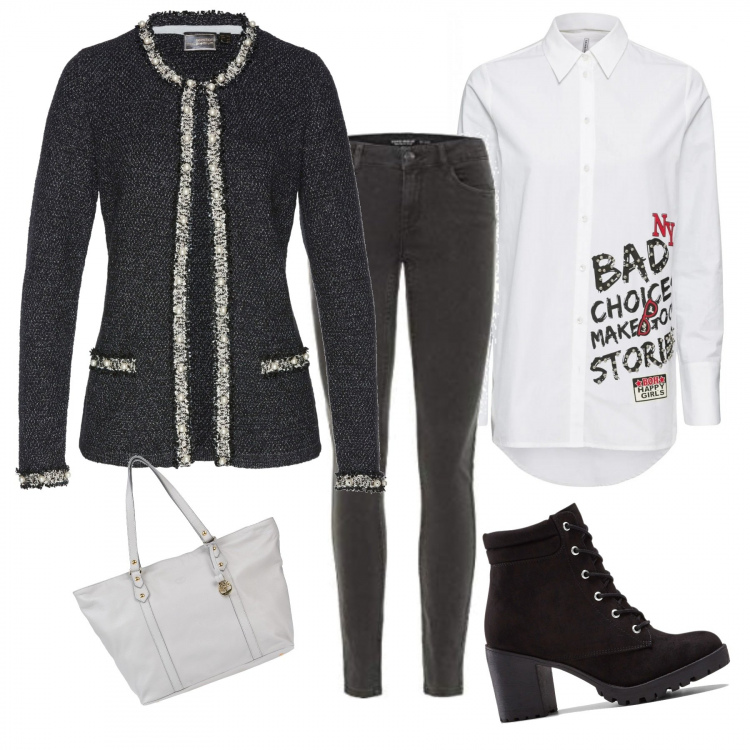 Outfit donna - Bianco & Nero. Stile Basic per Tutti i giorni. Abbinamento con stivaletti, cardigans, vestiti, borse a mano, jeans.