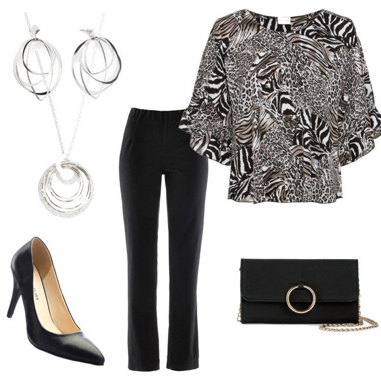 Outfit donna - Big Deals. Stile Trendy per Ufficio. Abbinamento con cappotti, bluse, pantaloni, décolleté, jeans dritti, ciondoli.