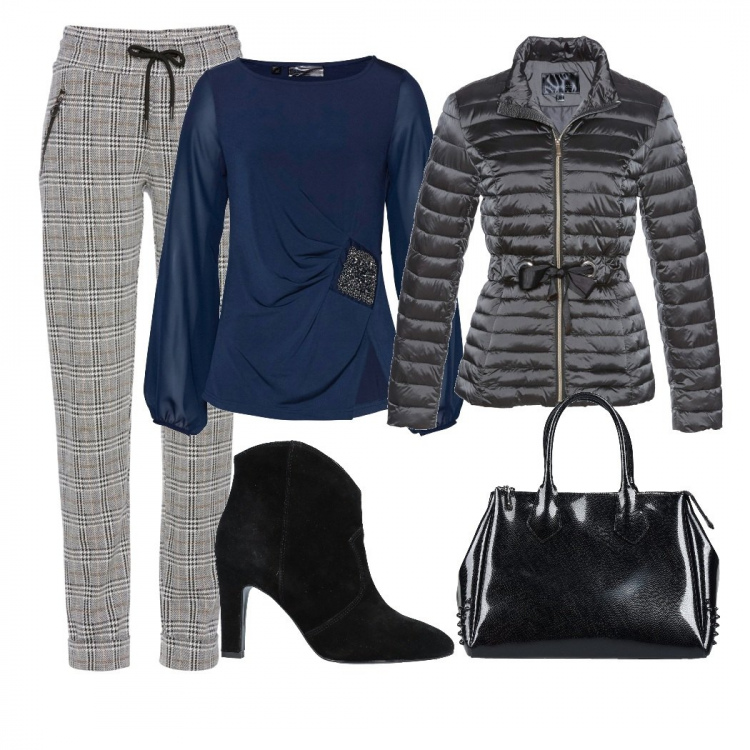 Outfit donna - Alla riunione. Stile Trendy per Ufficio. Abbinamento con pantaloni, reggiseno con ferretto e pizzo, cappotti, borse a mano, stivaletti.