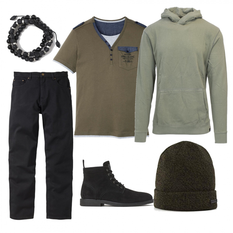 Outfit uomo - Effetto green. Stile Urban per Tutti i giorni. Abbinamento con jeans dritti, maglieria, felpe, stivali e stivaletti, braccialetti, berretti.