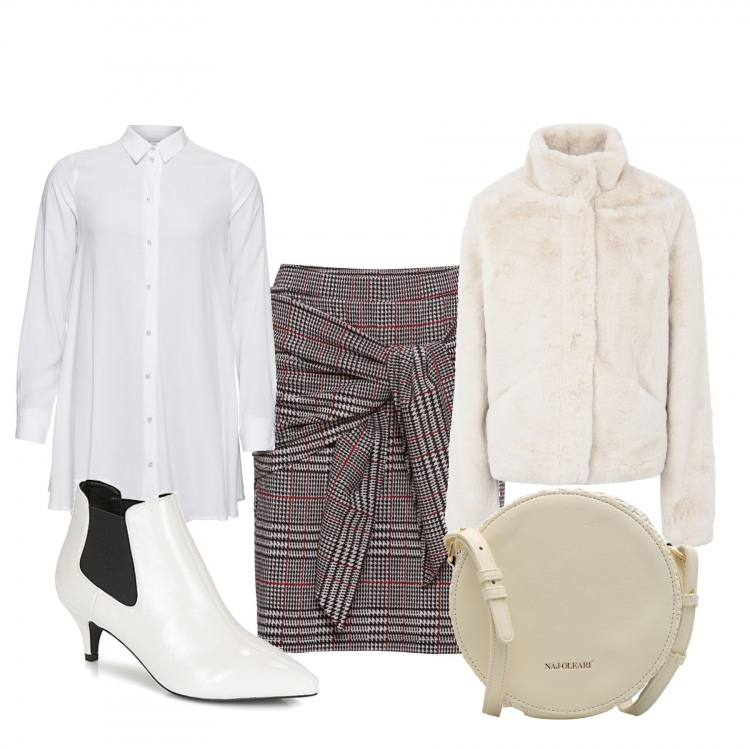 Outfit donna - Trendy #79020. Stile Trendy per Serata fuori. Abbinamento con camicie, minigonne, ecopellicce, borse a tracolla, stivaletti.