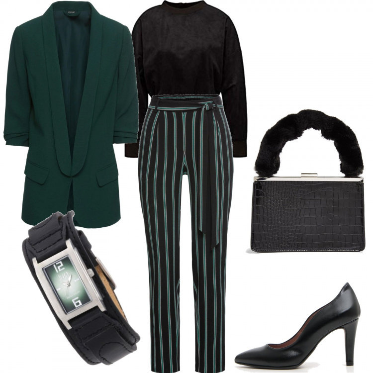Outfit donna - In Ufficio a righe.... Stile Urban per Ufficio. Abbinamento con blazer, pantaloni capri, borse a mano, camicie, décolleté, orologi.