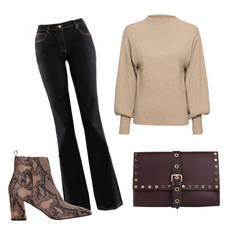 Outfit donna - Basic #42330. Stile Basic per Tutti i giorni. Abbinamento con maglieria, jeans bootcut, stivaletti, borse a mano.