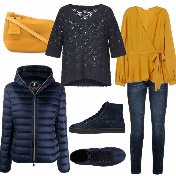 Outfit donna - Trendy #79105. Stile Trendy per Serata fuori. Abbinamento con jeans boyfriend, sneakers alte, pullovers, piumini, borse a tracolla, bluse.