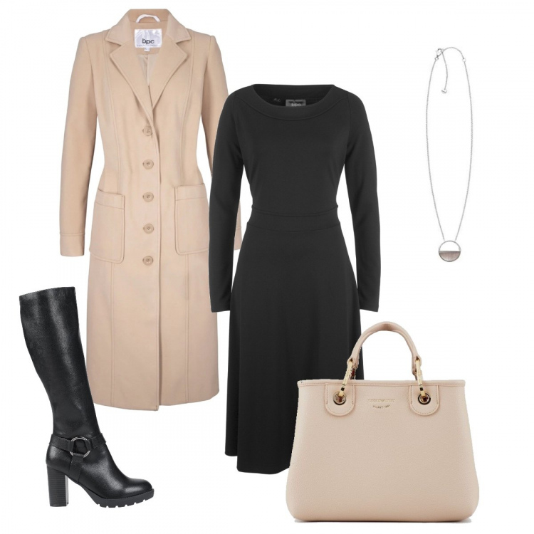 Outfit donna - Sexy #9905. Stile Sexy per Ufficio. Abbinamento con stivaletti, cappotti, stivali, shopping bag, ciondoli.