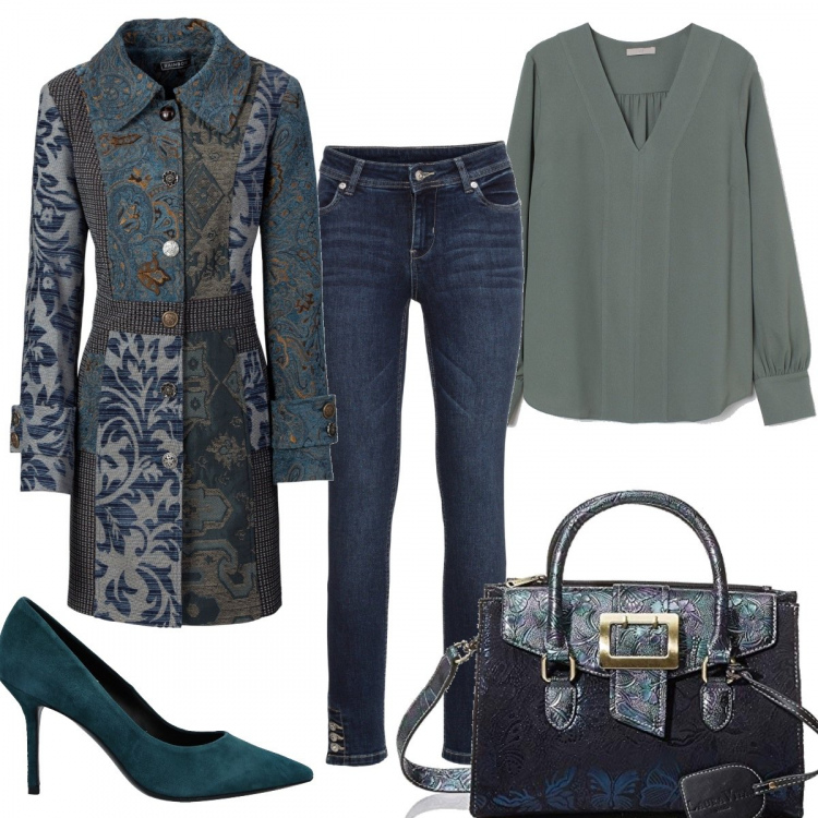 Outfit donna - Cappotto broccato. Stile Trendy per Serata fuori. Abbinamento con cappotti, jeans, décolleté, camicie, borse a mano.