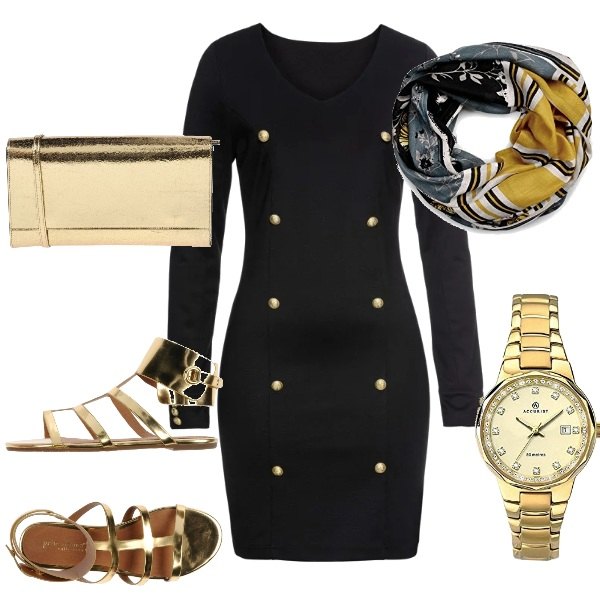 Outfit donna - Per brillare...di sera. Stile Chic per Serata fuori. Abbinamento con vestito a tubino scollo profondo a maniche lunghe con bottoni nero.