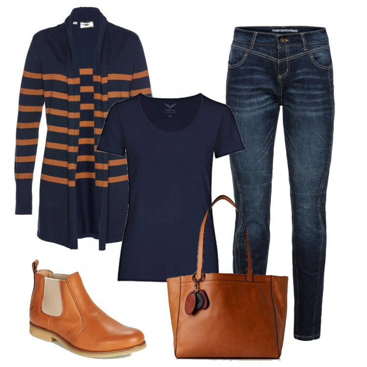 Outfit donna - Trendy #79175. Stile Trendy per Scuola/Università. Abbinamento con jeans boyfriend, cardigans, stivaletti, bluse, shopping bag.