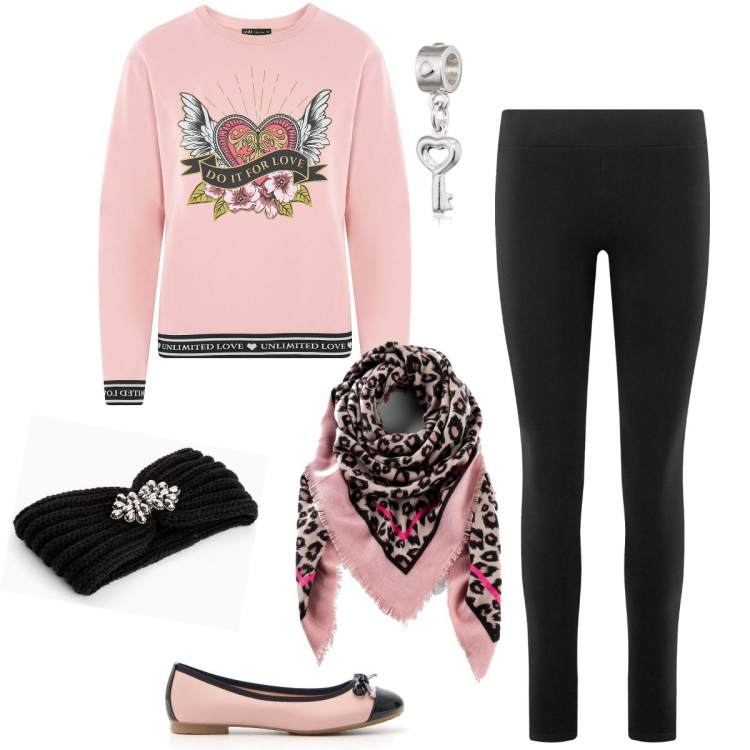Outfit donna - Comoda e in ordine a casa. Stile Basic per Tutti i giorni. Abbinamento con foulard, cappelli, felpe, leggings, ballerine, ciondoli.