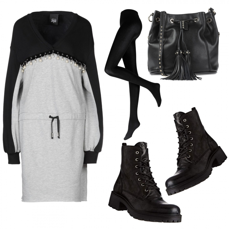 Outfit donna - L\'abito in maglia!. Stile Trendy per Tutti i giorni. Abbinamento con collant, vestiti midi/longuette, borse a tracolla, anfibi.
