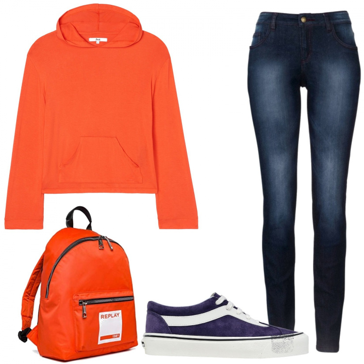 Outfit donna - School outfit. Stile Urban per Scuola/Università. Abbinamento con jeans skinny, sneakers, felpe con cappuccio, zaini.