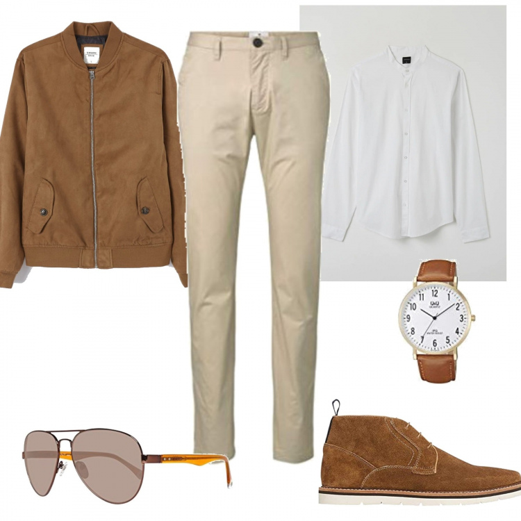Outfit uomo - Casual #23335. Stile Casual per Tutti i giorni. Abbinamento con bomber, camicie, stivali e stivaletti, occhiali da sole, pantaloni, orologi analogici.