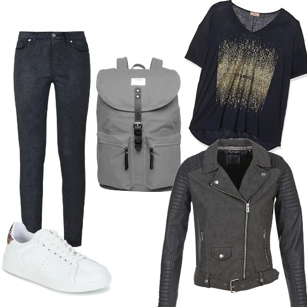 Outfit donna - Free time. Stile Urban per Tutti i giorni. Abbinamento con jeans a tubo glitter con zip tinta unita.