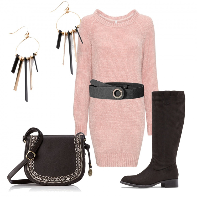Outfit donna - Maxi maglia e stivali. Stile Basic per Tutti i giorni. Abbinamento con stivali, vestiti, orecchini, borse a tracolla, cinture.