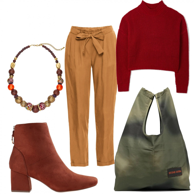 Outfit donna - La borsa verde. Stile Urban per Tutti i giorni. Abbinamento con stivaletti, shopping bag, collane, pullovers, borse tote.