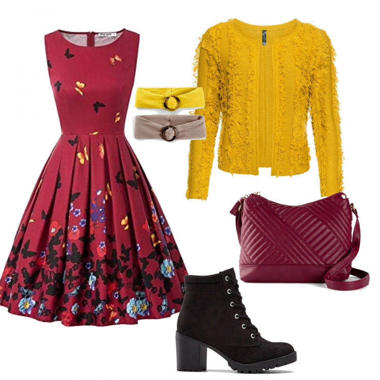 Outfit donna - Farfalle Autunnali. Stile Bon Ton Abbinamento con stivaletti, cardigans, borse a tracolla, felpe con cappuccio, vestiti lunghi.