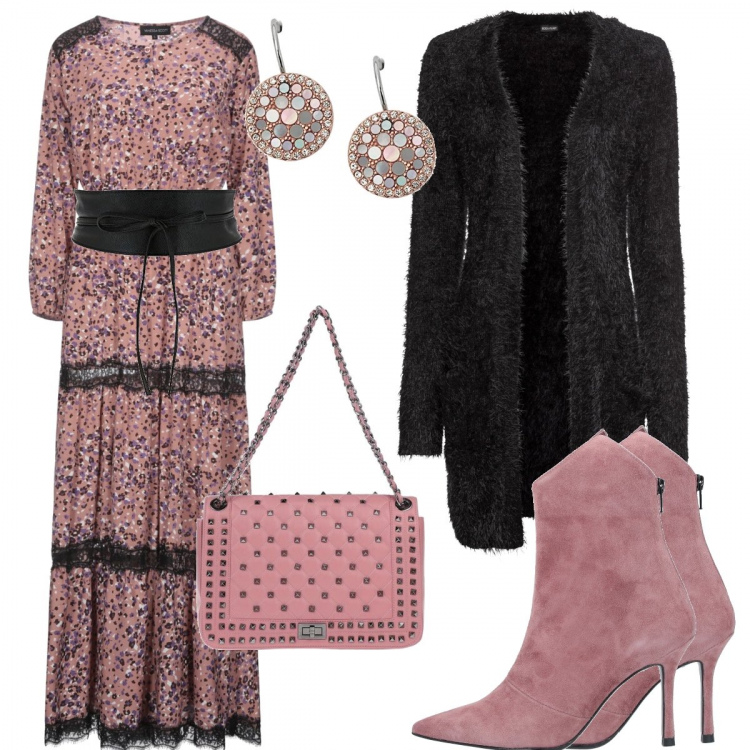 Outfit donna - Il vestito new romantic. Stile Trendy per Tutti i giorni. Abbinamento con cardigans, vestiti lunghi, stivaletti, borse a mano, cinture, orecchini.
