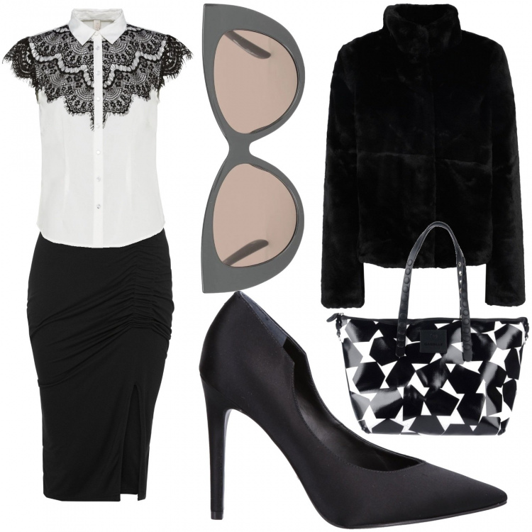 Outfit donna - Il lunedì con l\'outfit giusto. Stile Chic per Ufficio. Abbinamento con camicie, gonne longuette, ecopellicce, décolleté, borse a mano, occhiali da sole.